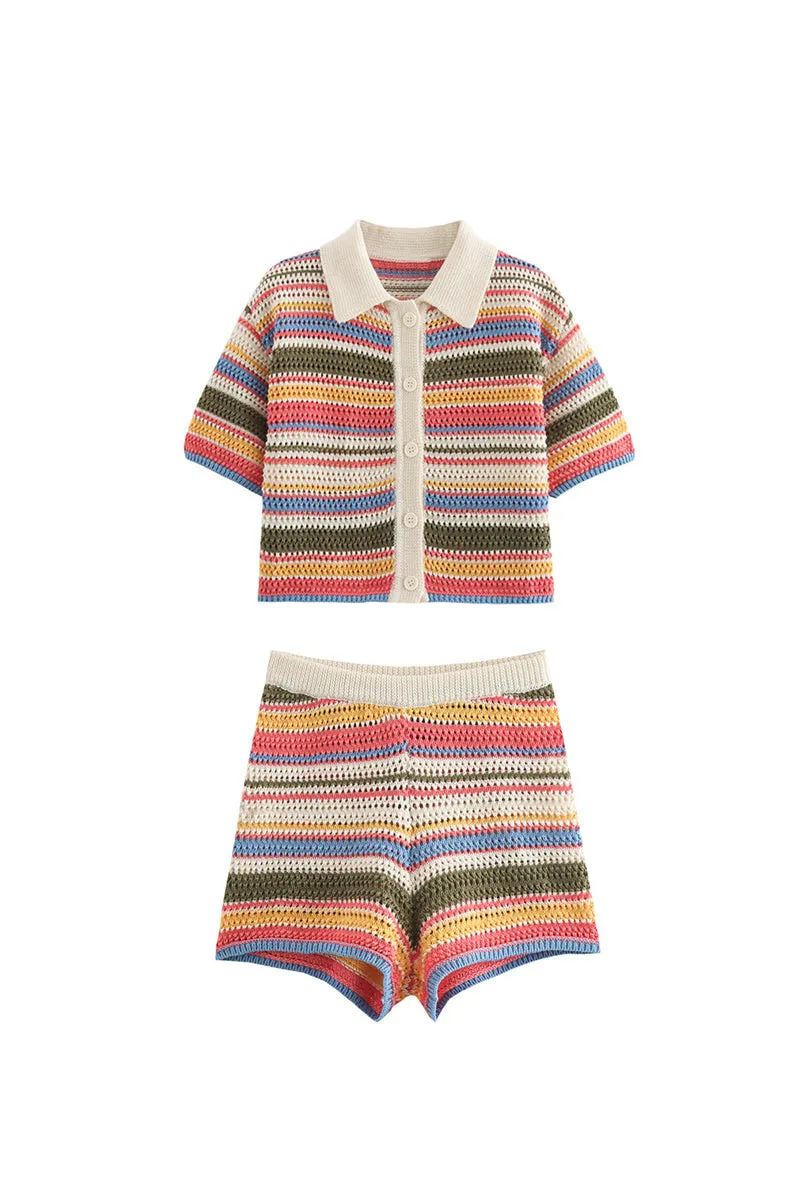 HUZ1317 Retro Stripe Crochet Shorts Set