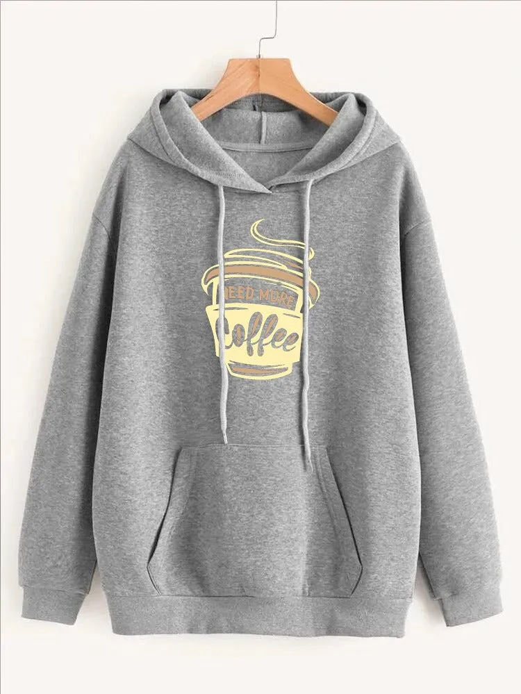 I Need More Coffee Printed Fleece Full Sleeves Pull Over Hoodie For Women