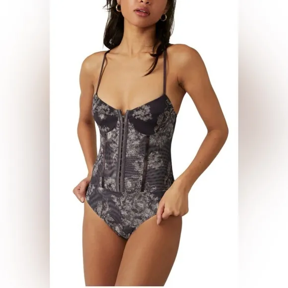 Intimately Free People Floral Night Rhythm Bodysuit- Chocolate Merolt-Size Large