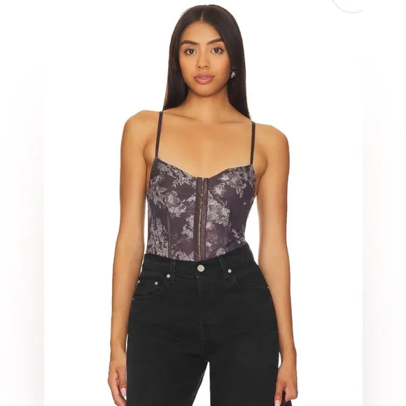 Intimately Free People Floral Night Rhythm Bodysuit- Chocolate Merolt-Size Large