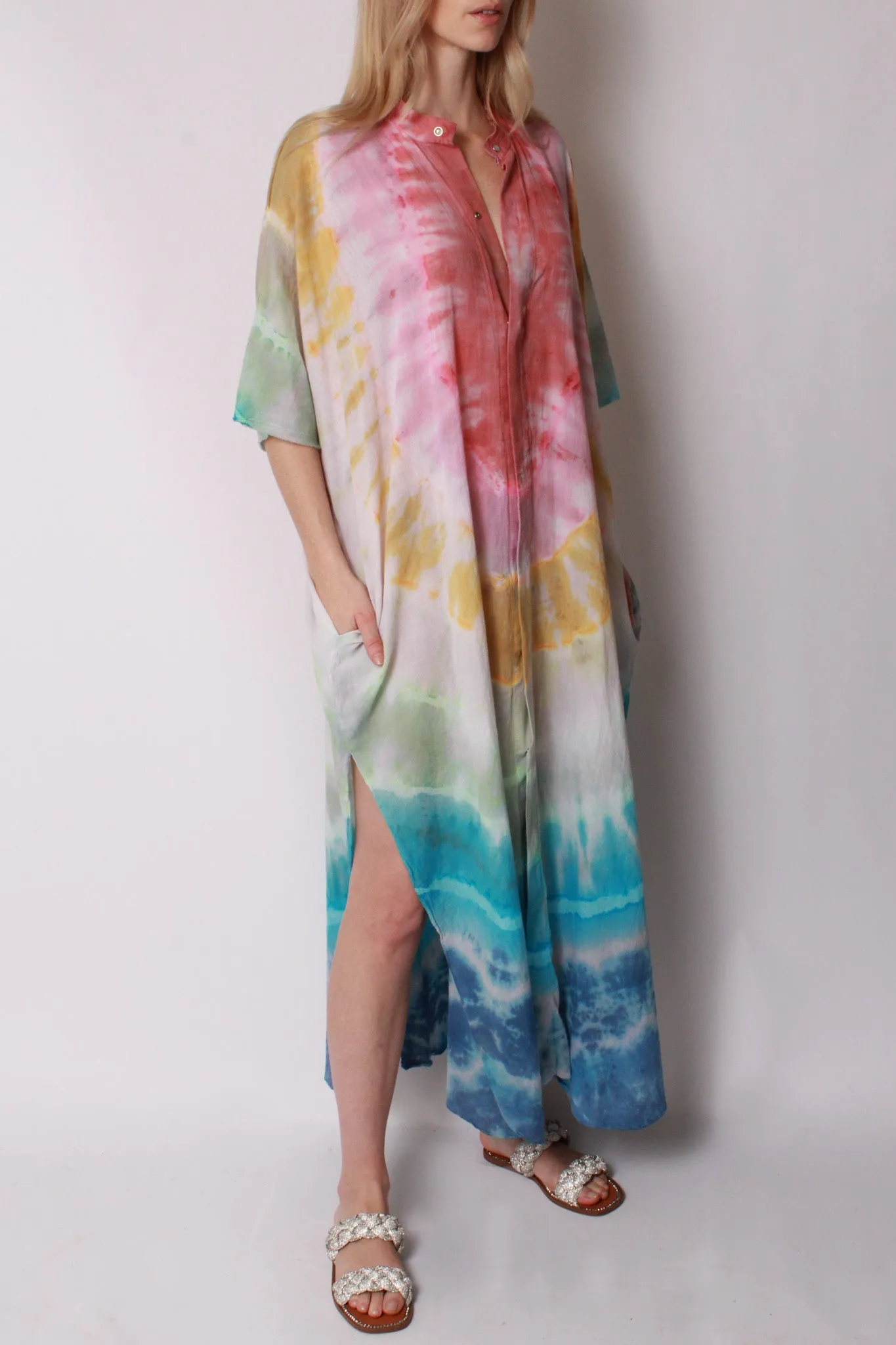 Kaftan Maxi in Cotton Voile Rainbow Tie-Dye