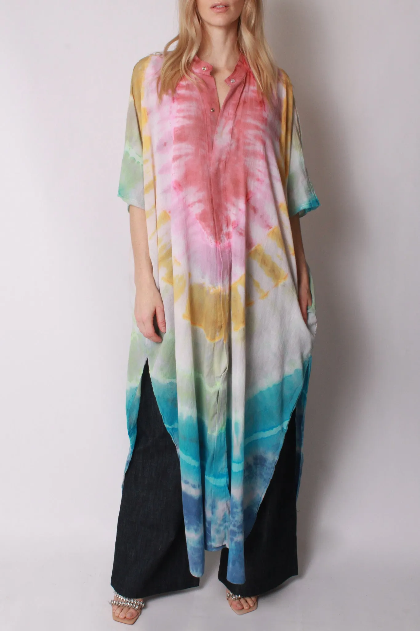 Kaftan Maxi in Cotton Voile Rainbow Tie-Dye