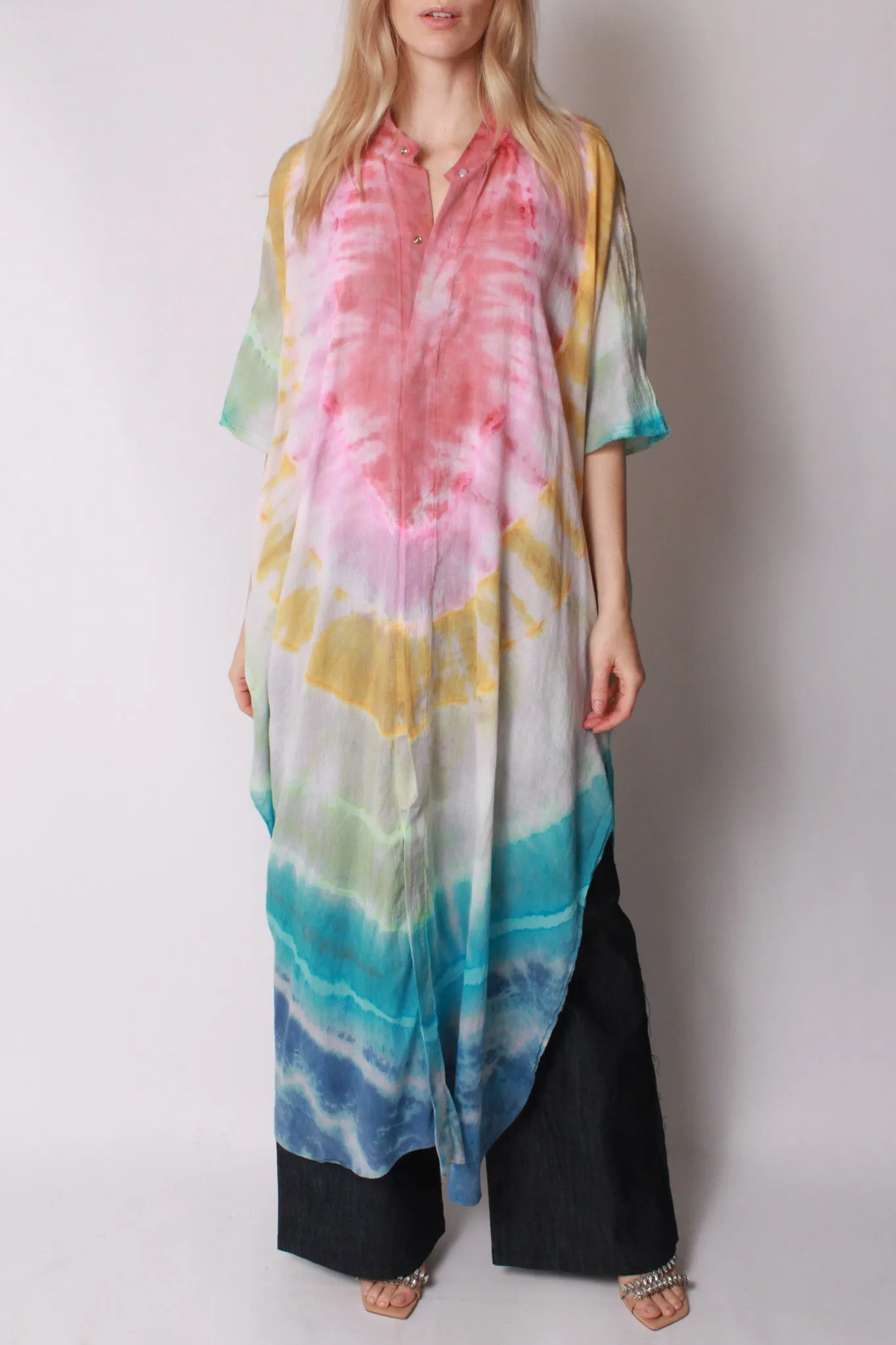 Kaftan Maxi in Cotton Voile Rainbow Tie-Dye