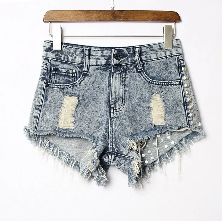 LINDSEY - Vintage High Waist Ripped Denim Jeans Shorts