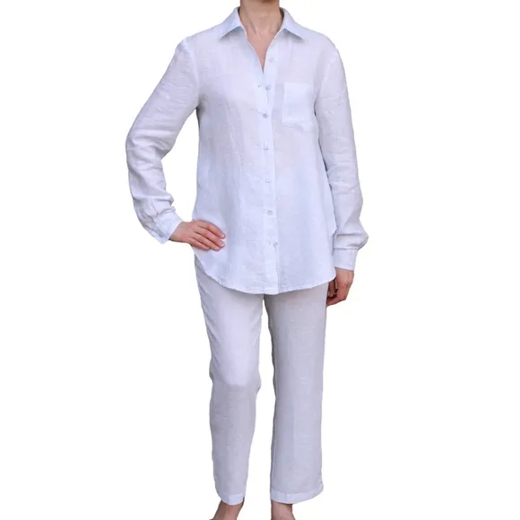 Linen Casa White with Light Blue Pin Stripes - Luxury Thin Linen