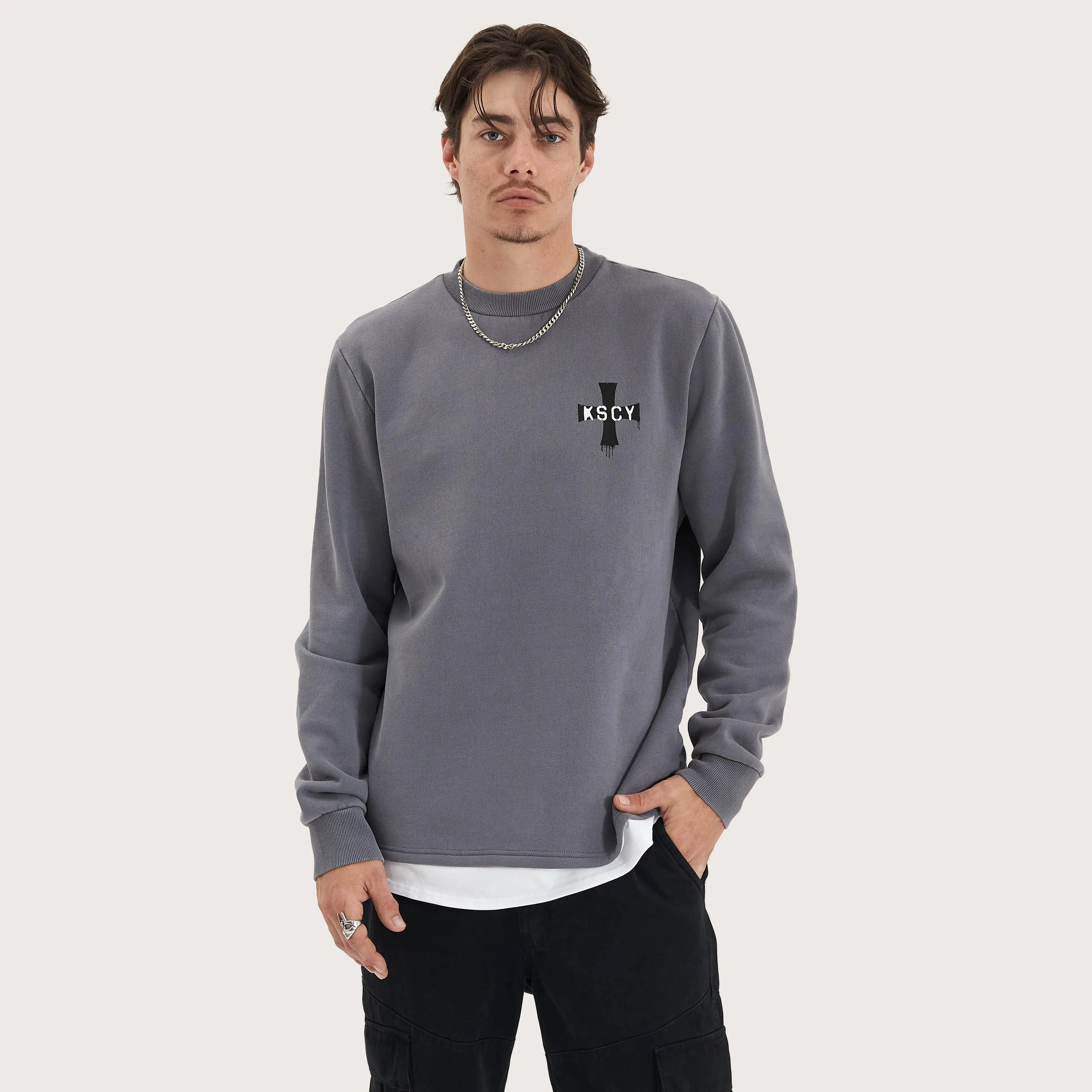 Lostland Heavy Layered Dual Curved Sweater Pigment Charcoal