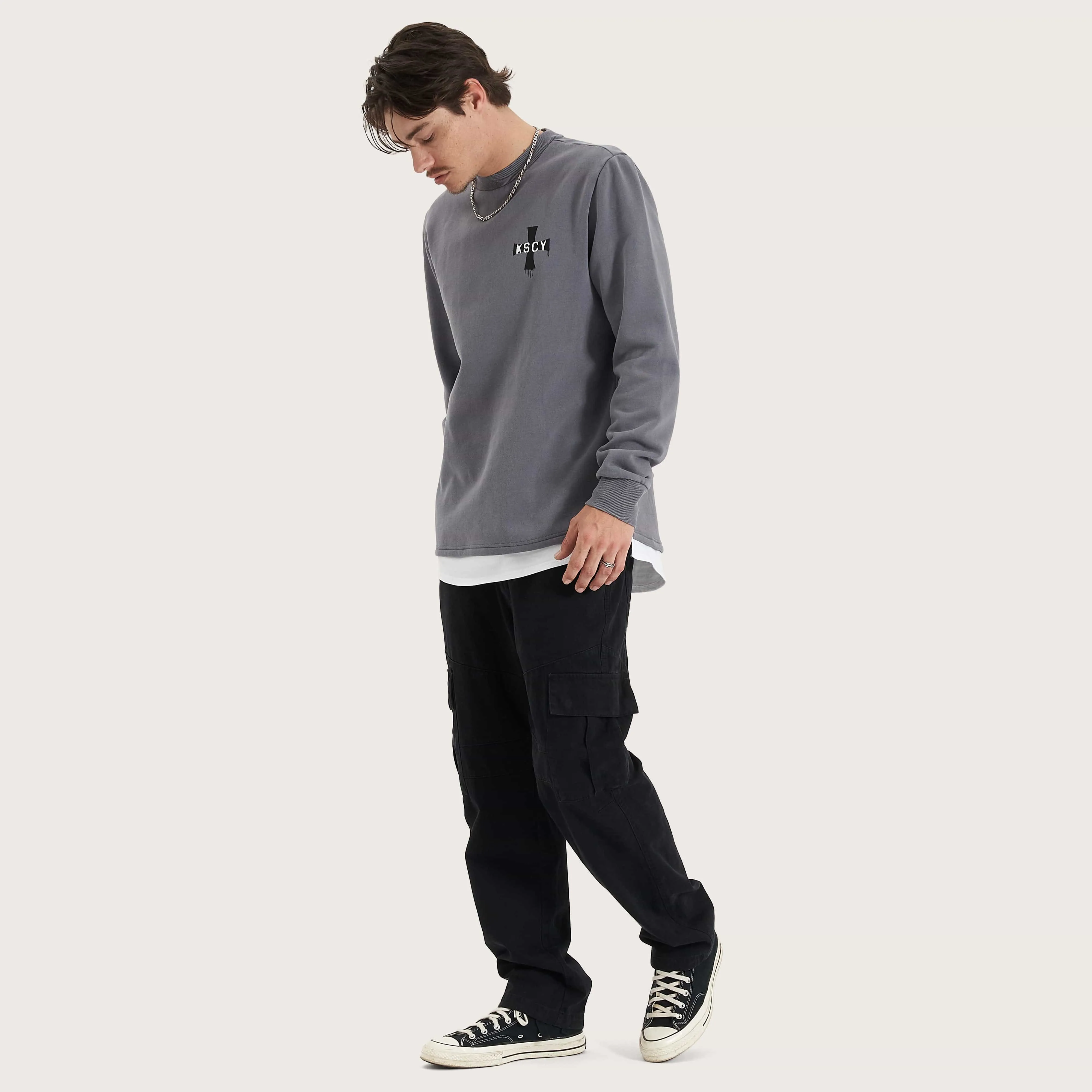 Lostland Heavy Layered Dual Curved Sweater Pigment Charcoal