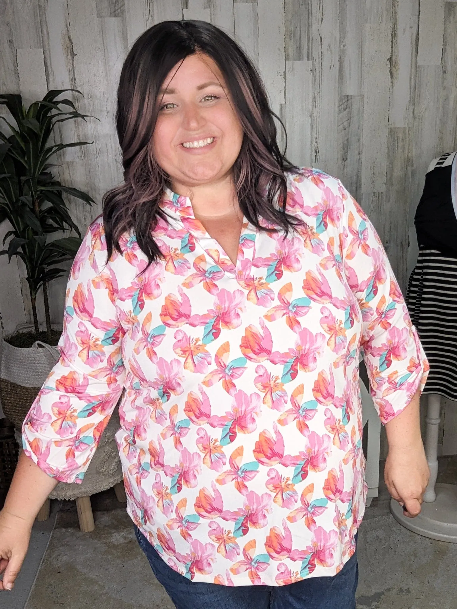 Lottie 3/4 Gabby Neckline Blouse in Ivory Florals (2 colors)
