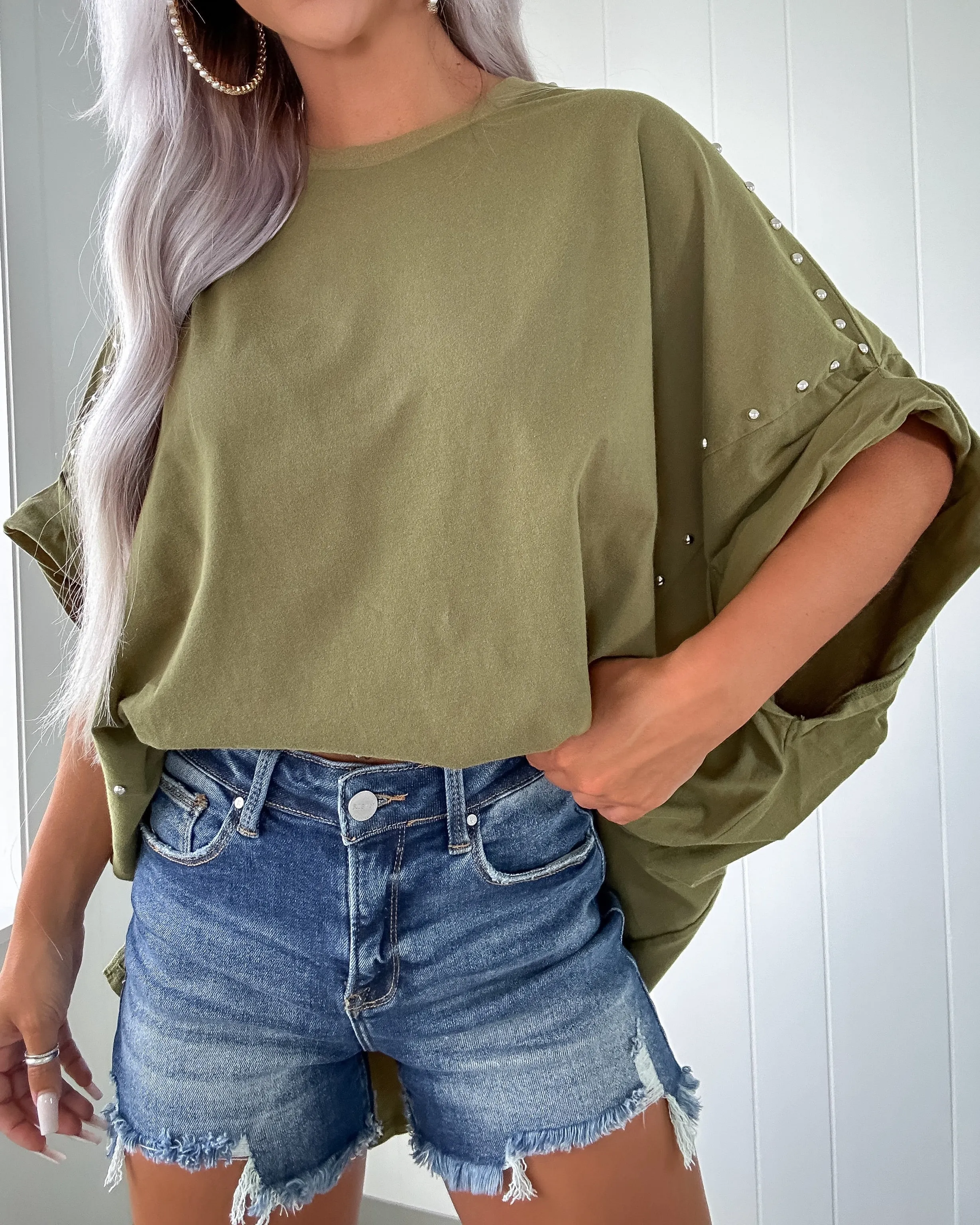 Loved One Studded Oversize Top - Olive