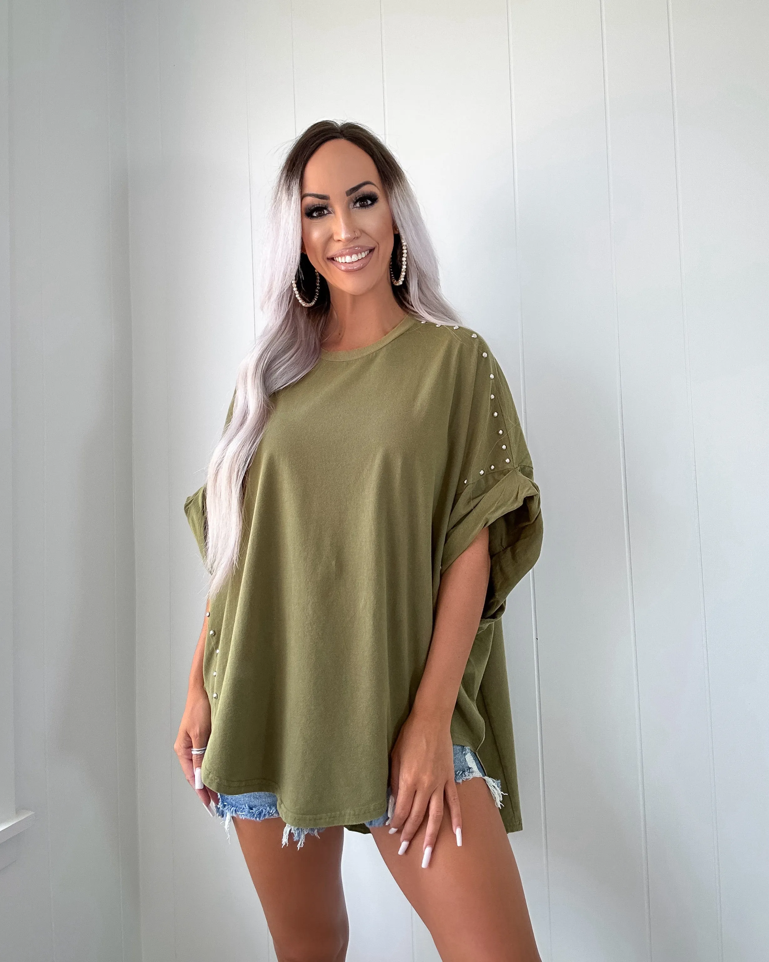 Loved One Studded Oversize Top - Olive