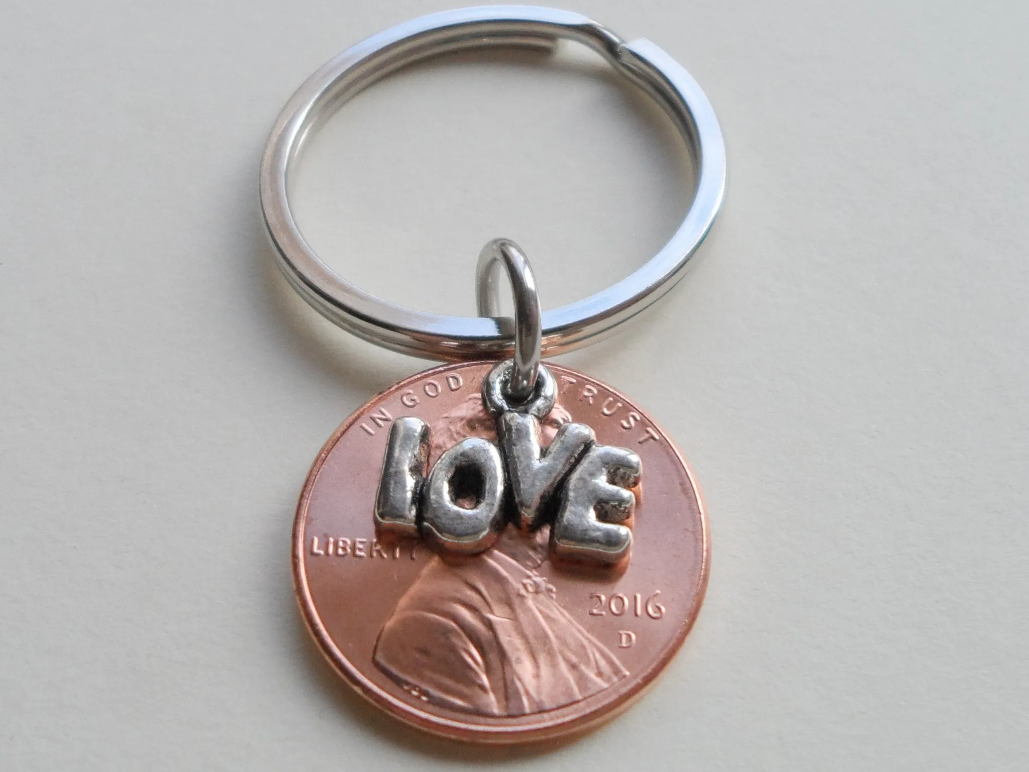 Lucky in Love 2016 Penny Keychain with Love Charm Layered Over; 8 Year Anniversary Gift, Couples Keychain