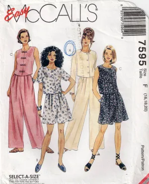 McCall's 7595 Womens EASY Casual Summer Tops & Wide Leg Pants or Shorts 1990s Vintage Sewing Pattern Size 16 - 20 UNCUT Factory Folded