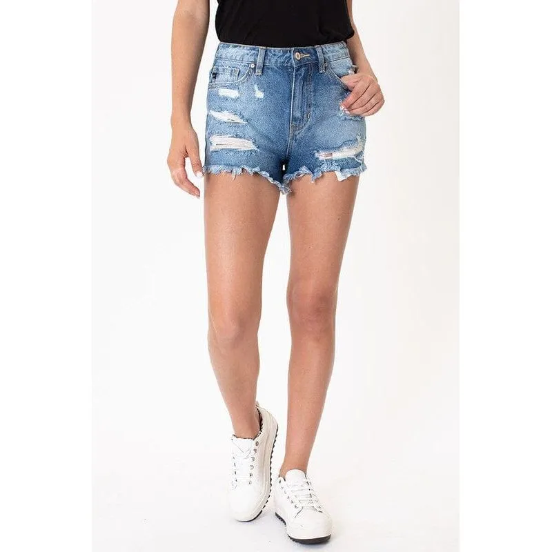Medium wash rainbow tread shorts -kc9225m-op