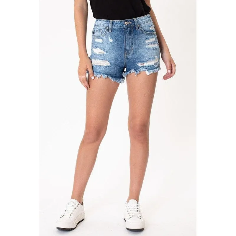 Medium wash rainbow tread shorts -kc9225m-op