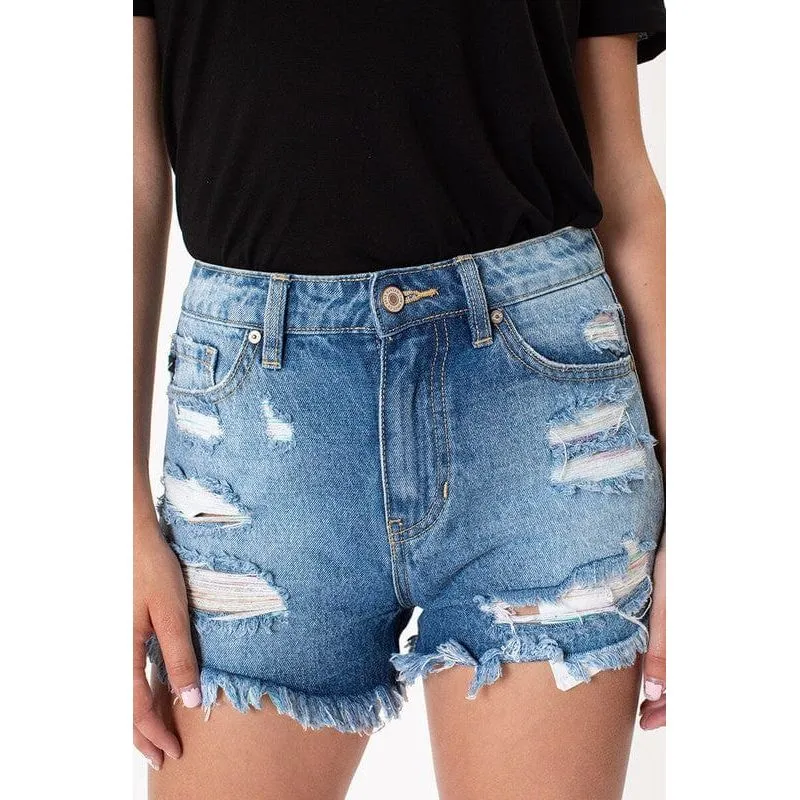 Medium wash rainbow tread shorts -kc9225m-op