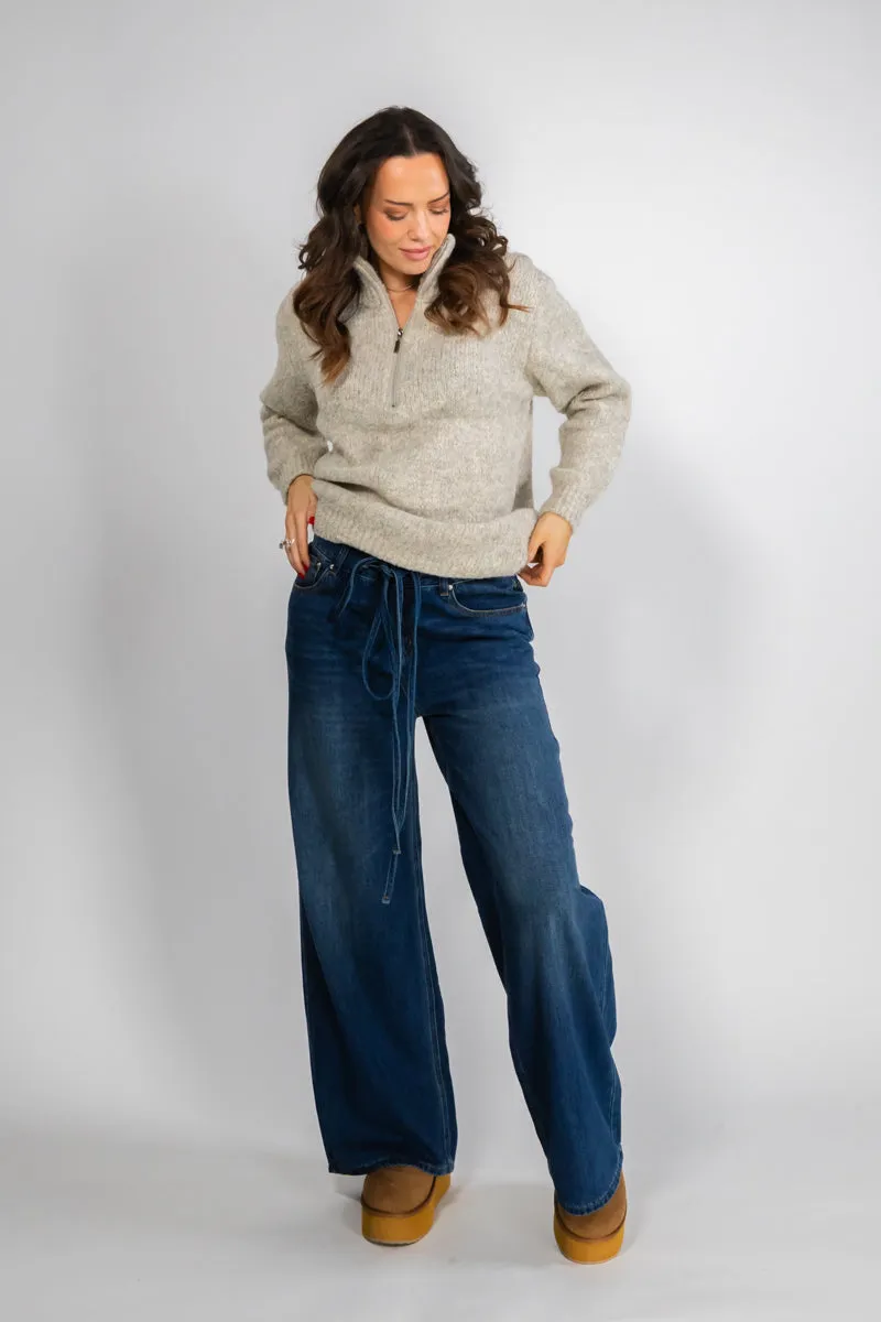 MEIMEIJ Blå jeans med vide rette ben og snøring i livet