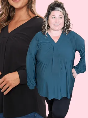 Melrose Pleated Front Vneck Long Sleeve in Solids