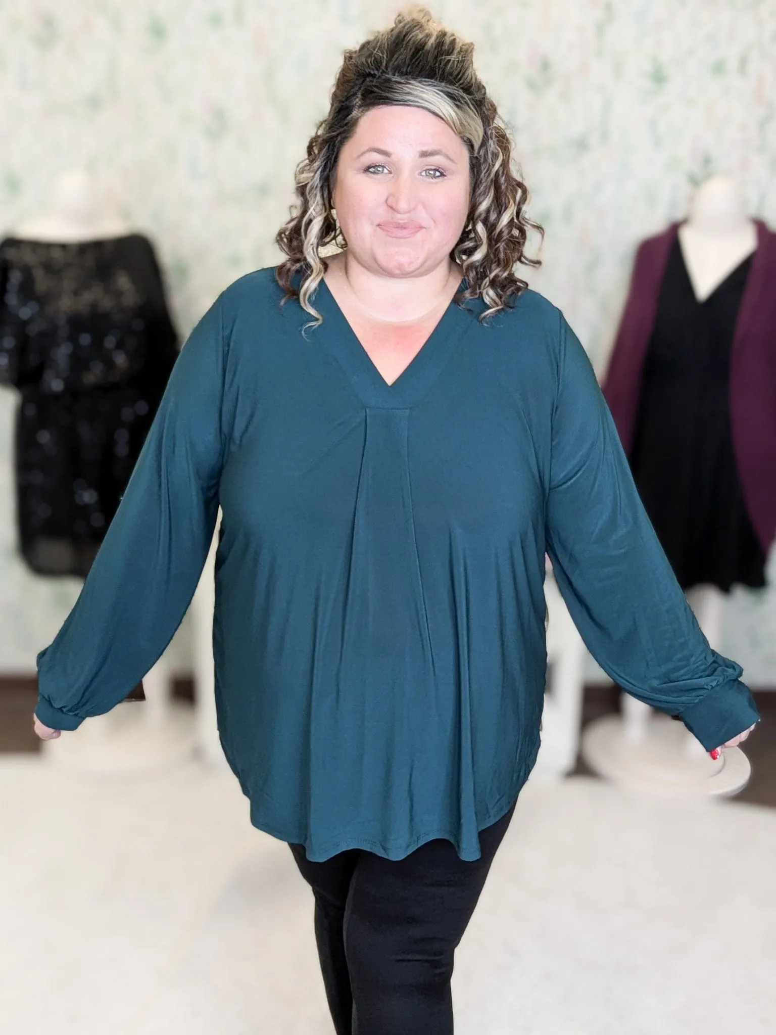 Melrose Pleated Front Vneck Long Sleeve in Solids
