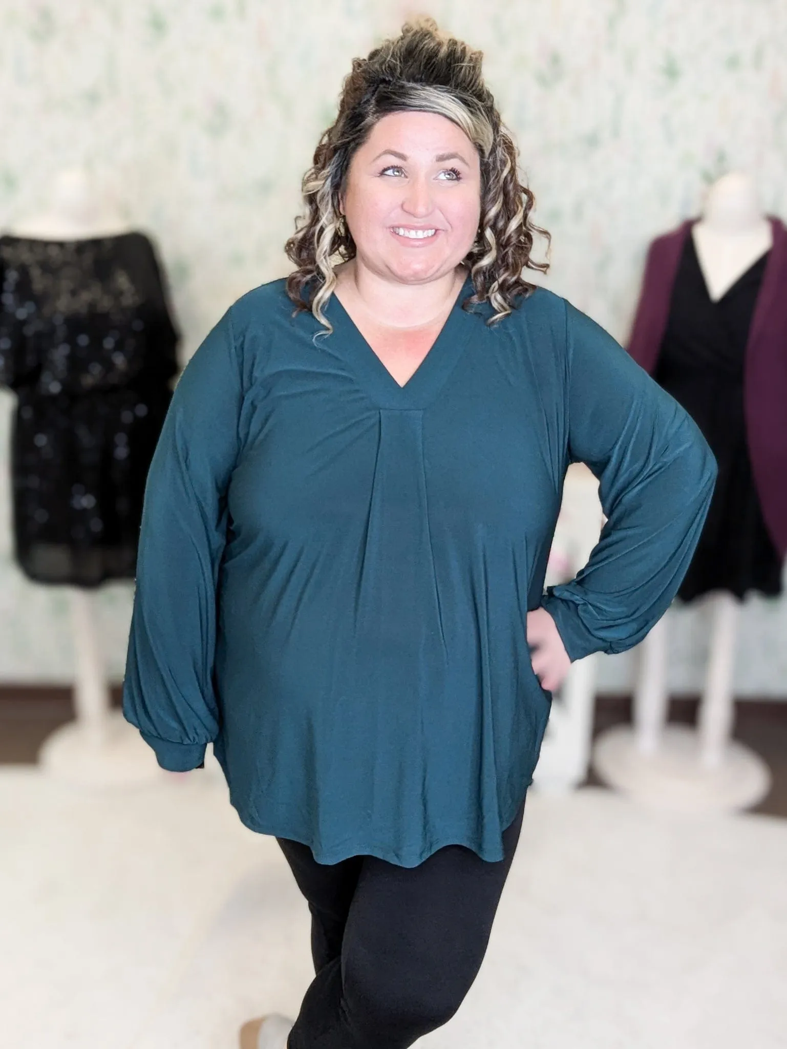 Melrose Pleated Front Vneck Long Sleeve in Solids