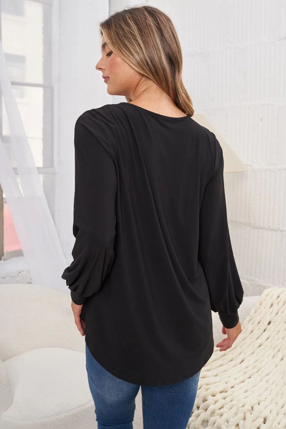 Melrose Pleated Front Vneck Long Sleeve in Solids