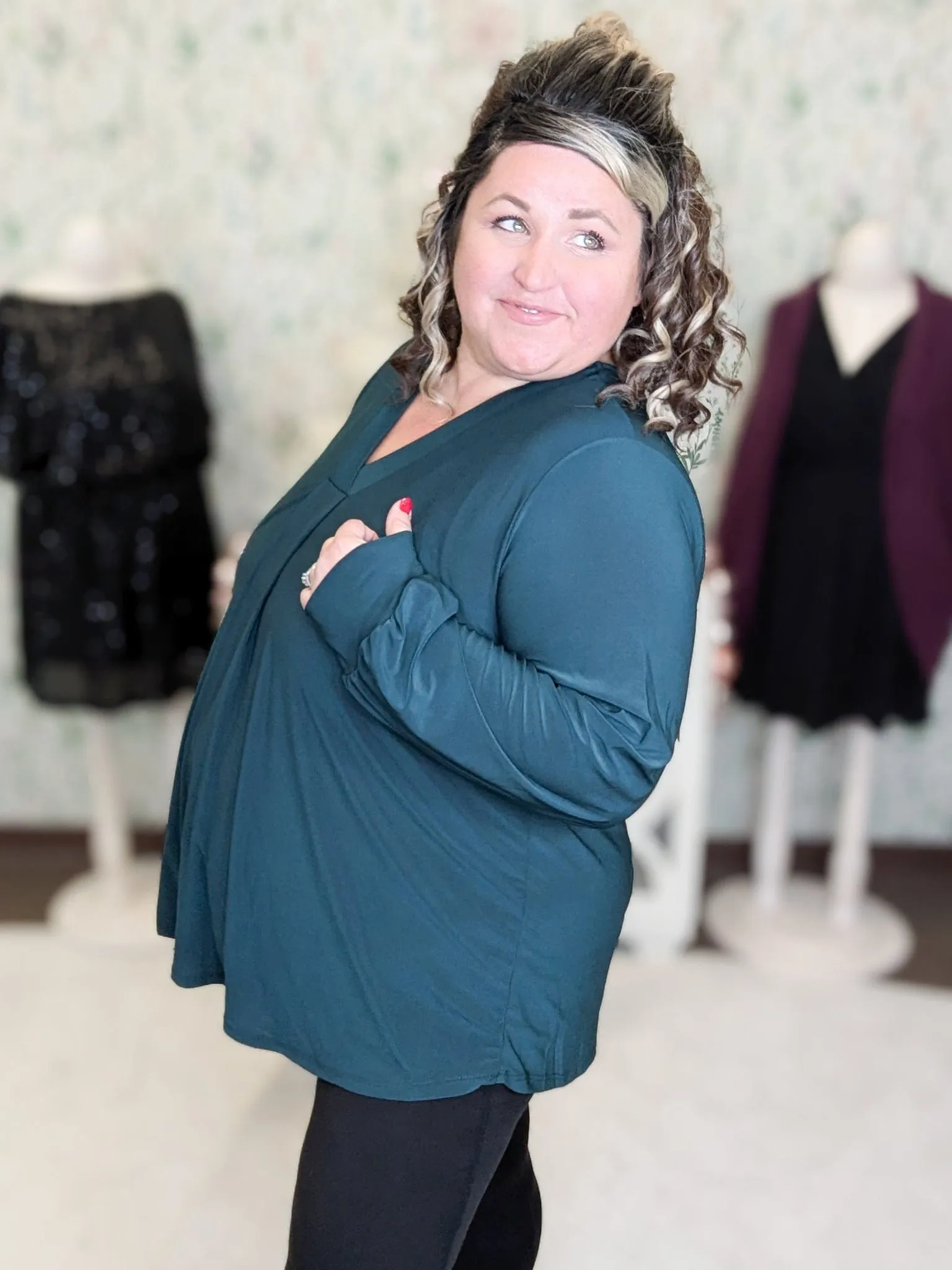 Melrose Pleated Front Vneck Long Sleeve in Solids