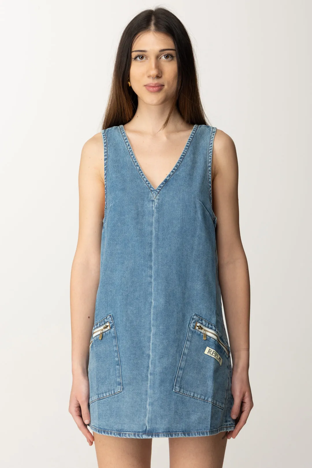 Mini Abito Boxy In Jeans con Tasche