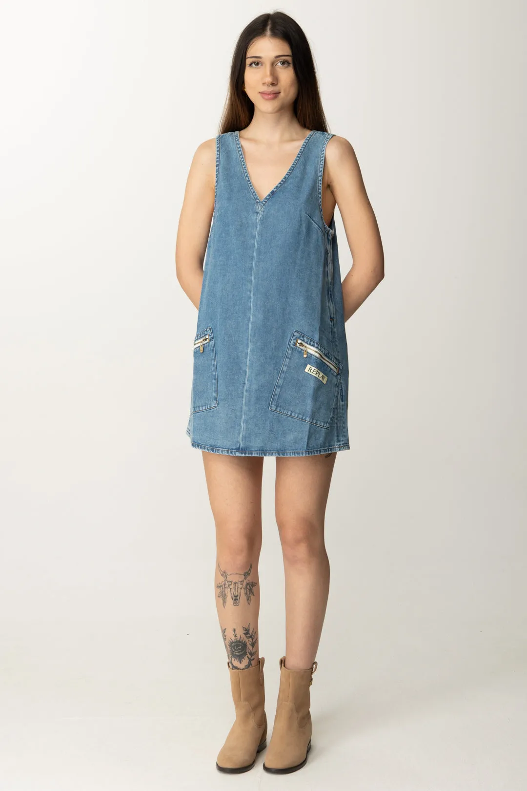 Mini Abito Boxy In Jeans con Tasche