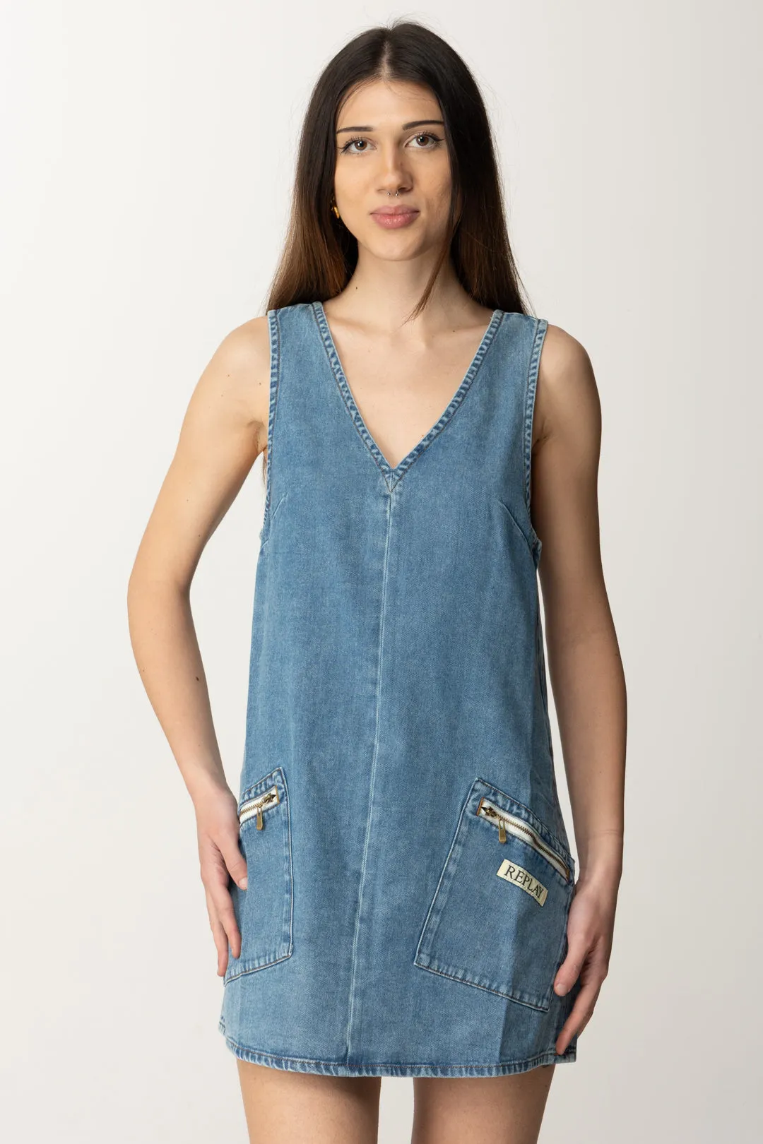 Mini Abito Boxy In Jeans con Tasche