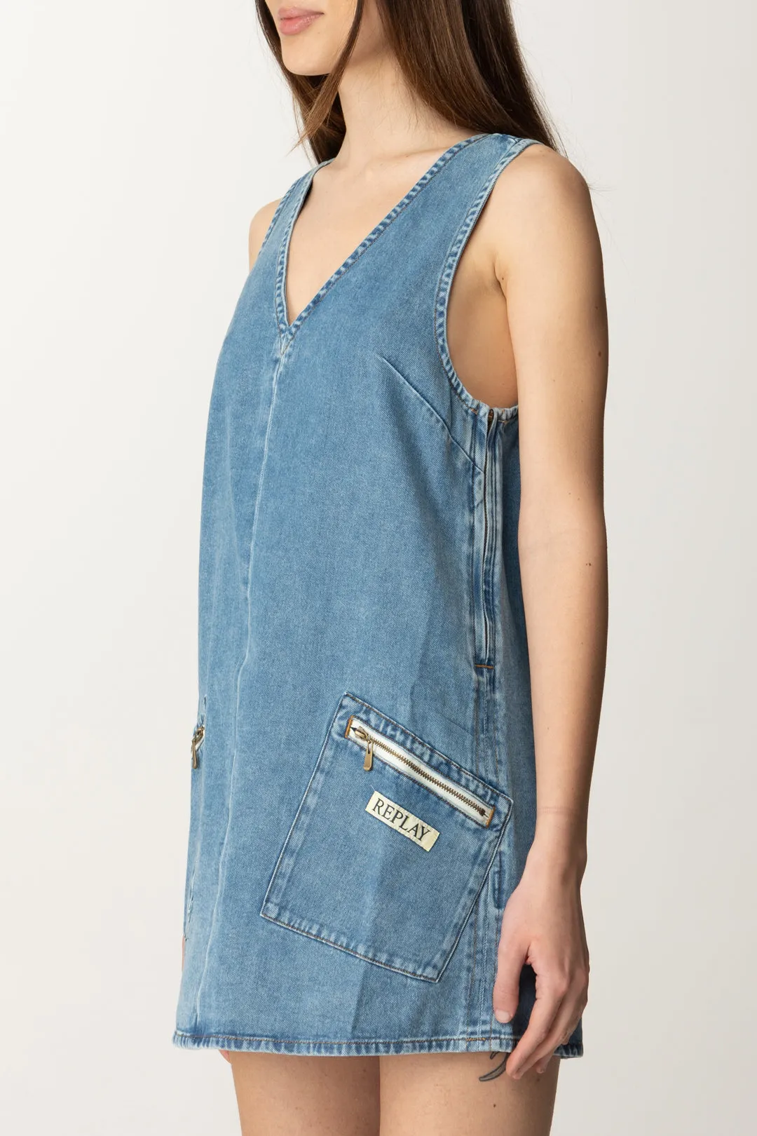 Mini Abito Boxy In Jeans con Tasche