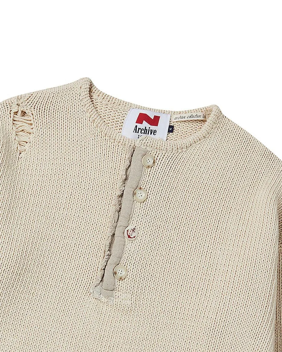 N Archive Heavyweight Cotton Damage Detail Henley Knit Ivory
