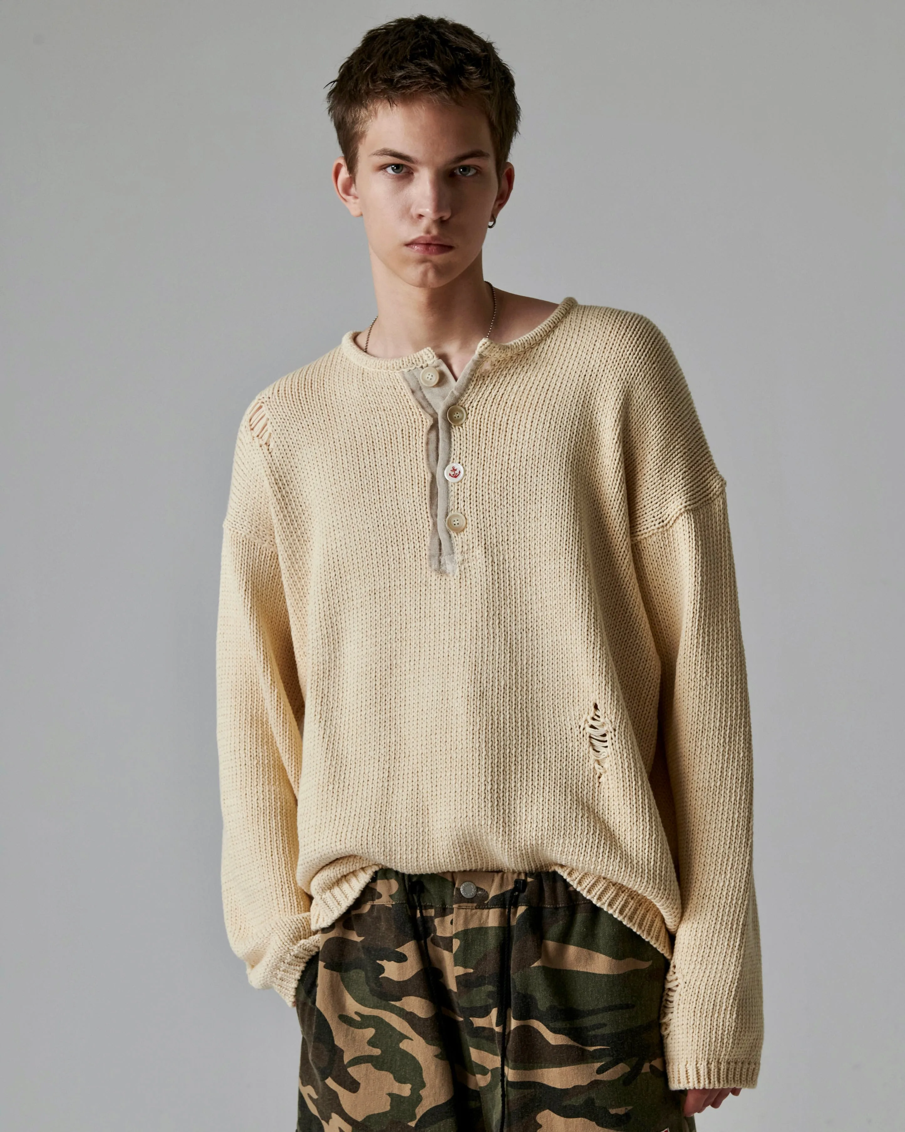 N Archive Heavyweight Cotton Damage Detail Henley Knit Ivory