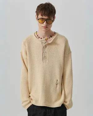 N Archive Heavyweight Cotton Damage Detail Henley Knit Ivory