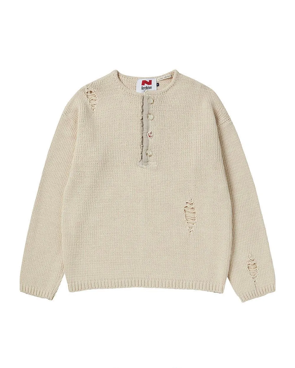 N Archive Heavyweight Cotton Damage Detail Henley Knit Ivory
