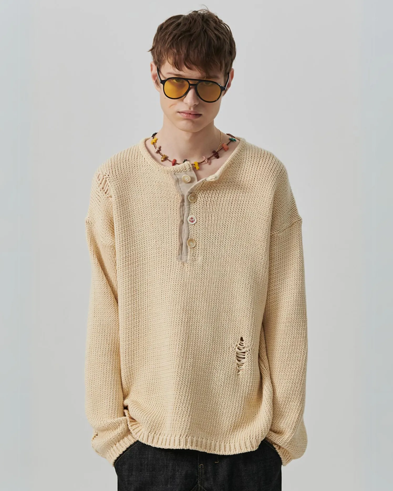 N Archive Heavyweight Cotton Damage Detail Henley Knit Ivory