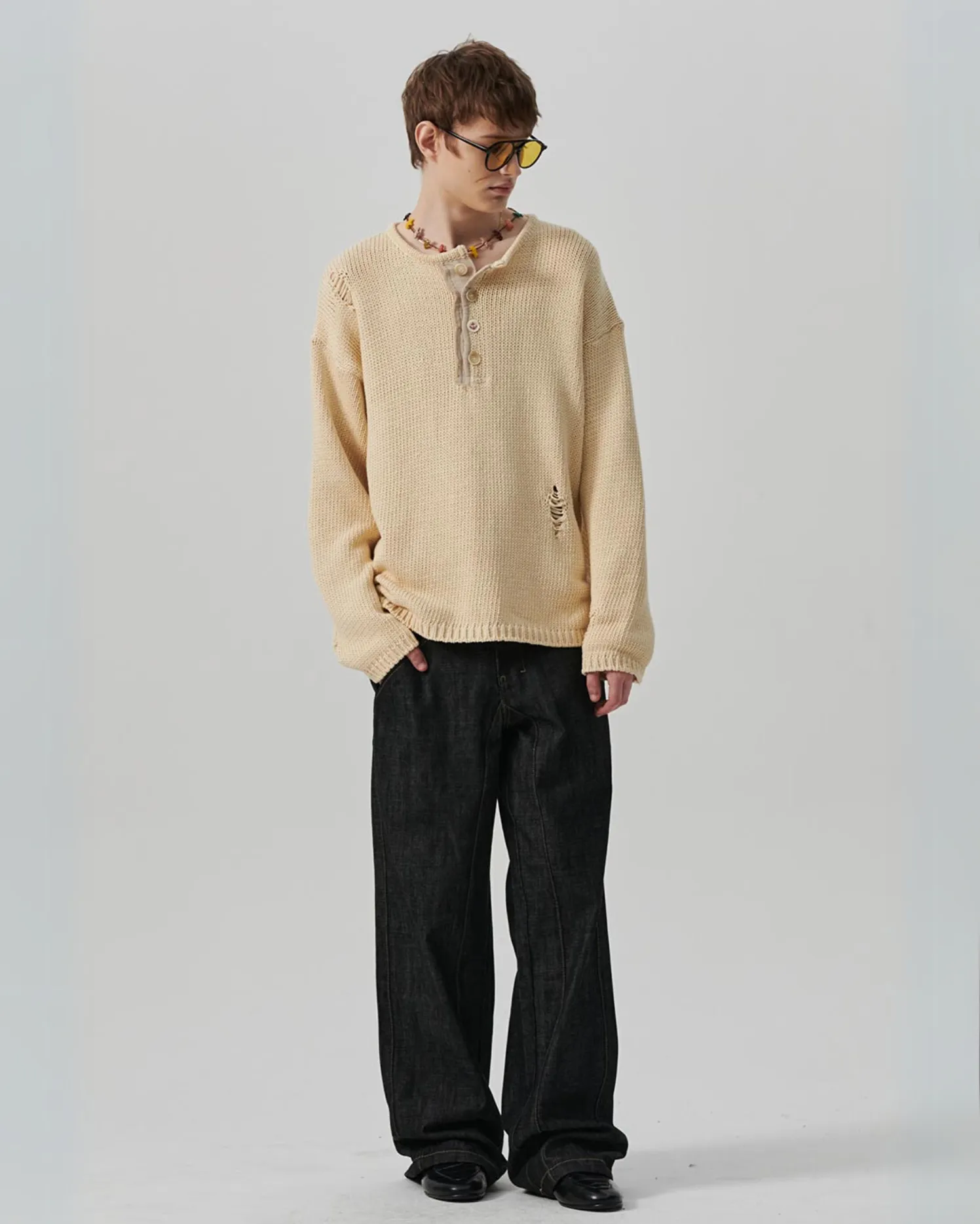 N Archive Heavyweight Cotton Damage Detail Henley Knit Ivory
