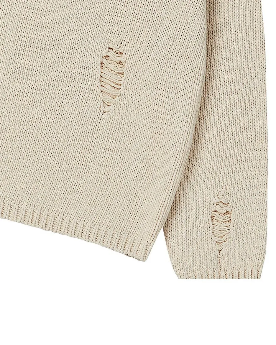 N Archive Heavyweight Cotton Damage Detail Henley Knit Ivory