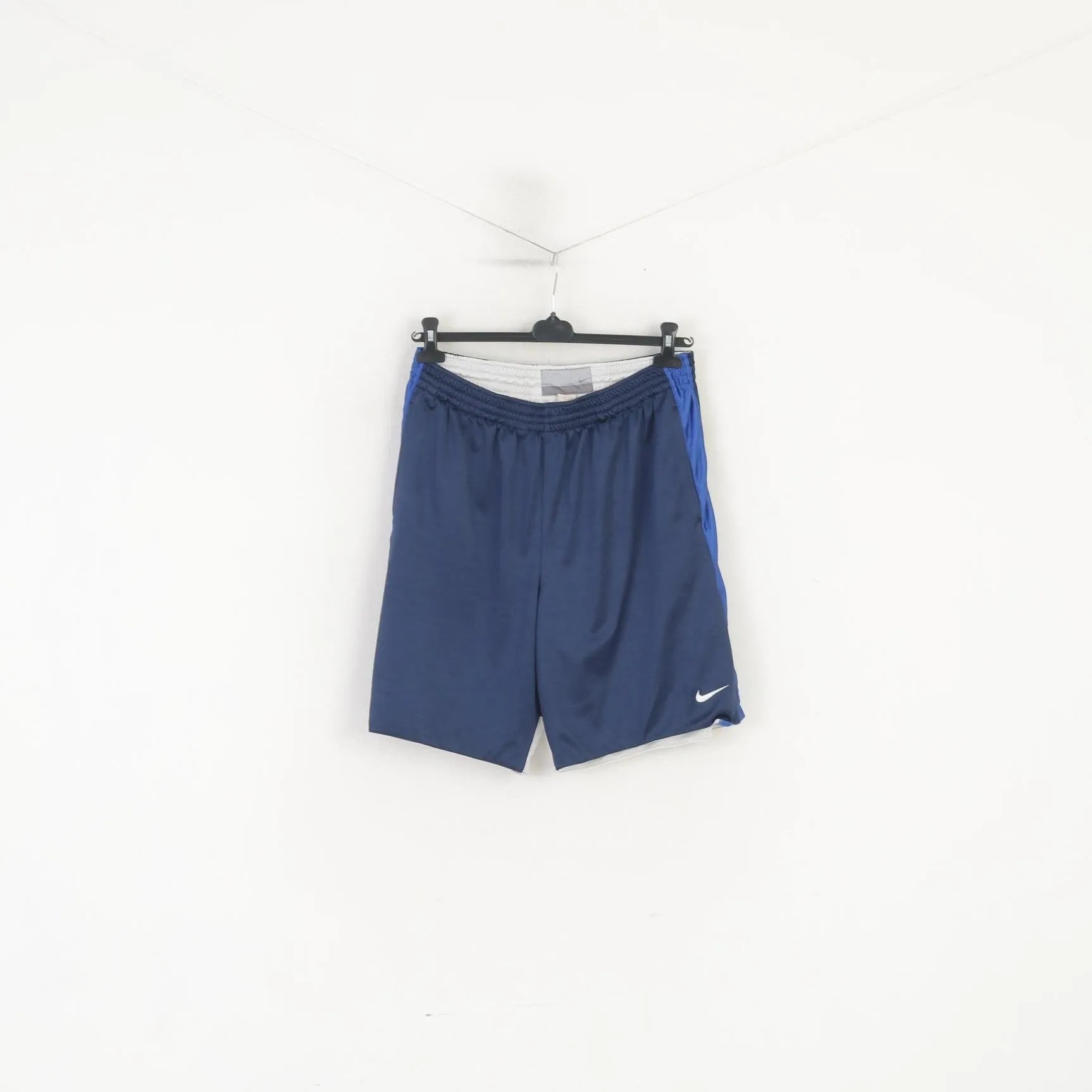 Nike Men L Shorts Navy Shiny Basketball Sportswear Training Gym Drawstring Stretch Elastic