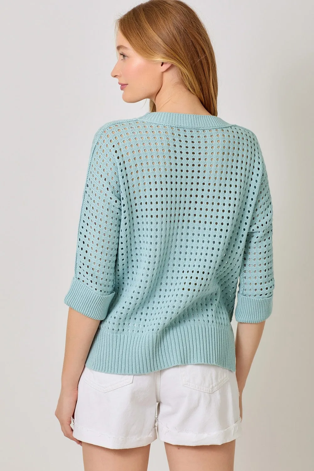 Open Knit Hi-Low Pullover Top - Powder Blue