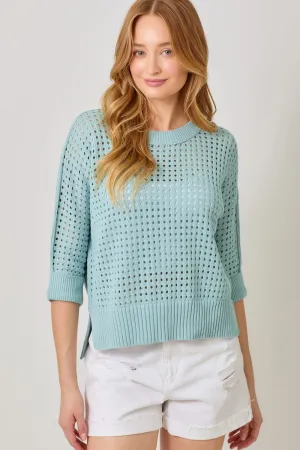 Open Knit Hi-Low Pullover Top - Powder Blue
