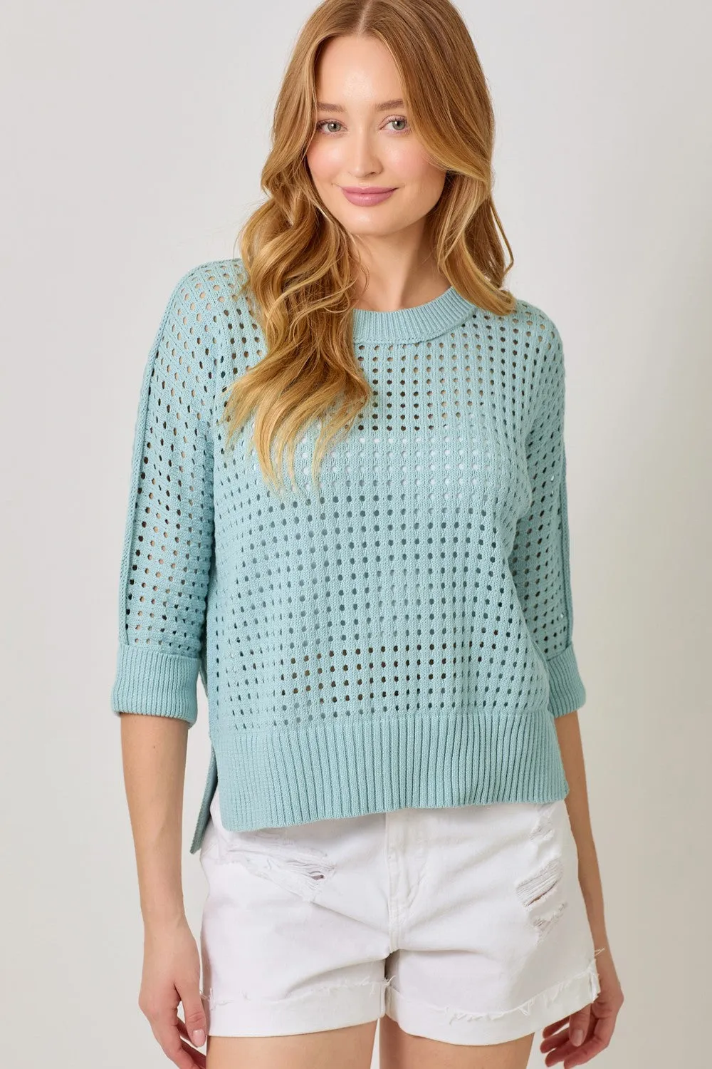 Open Knit Hi-Low Pullover Top - Powder Blue