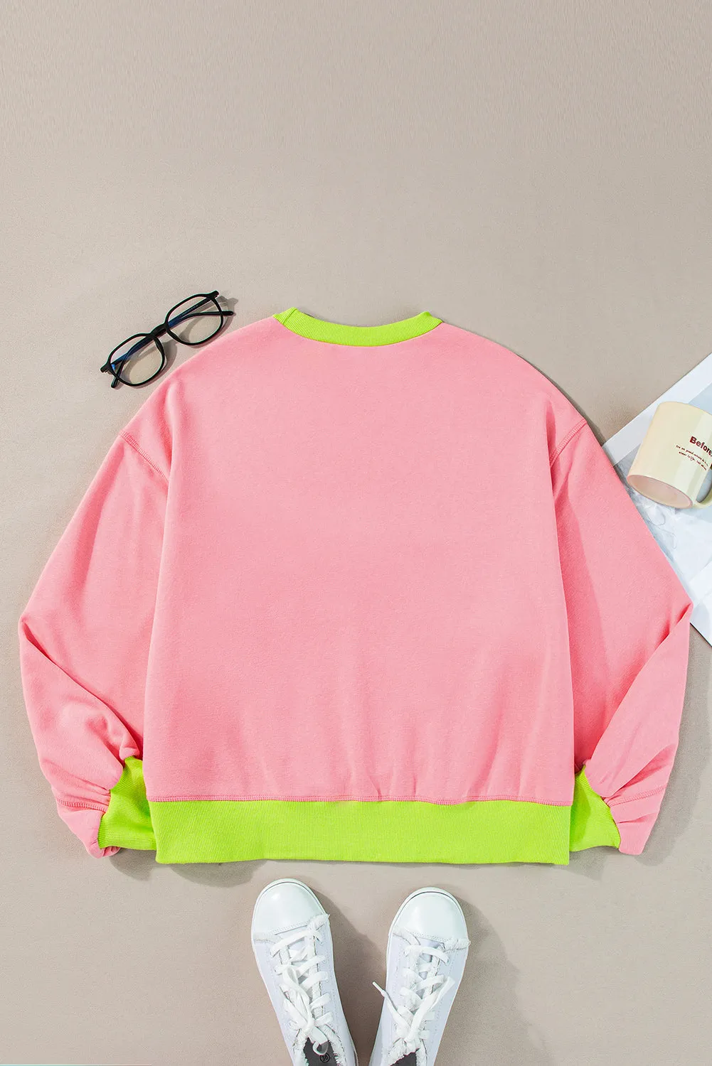 Pink Colorblock Bubble Sleeve Sweatshirt