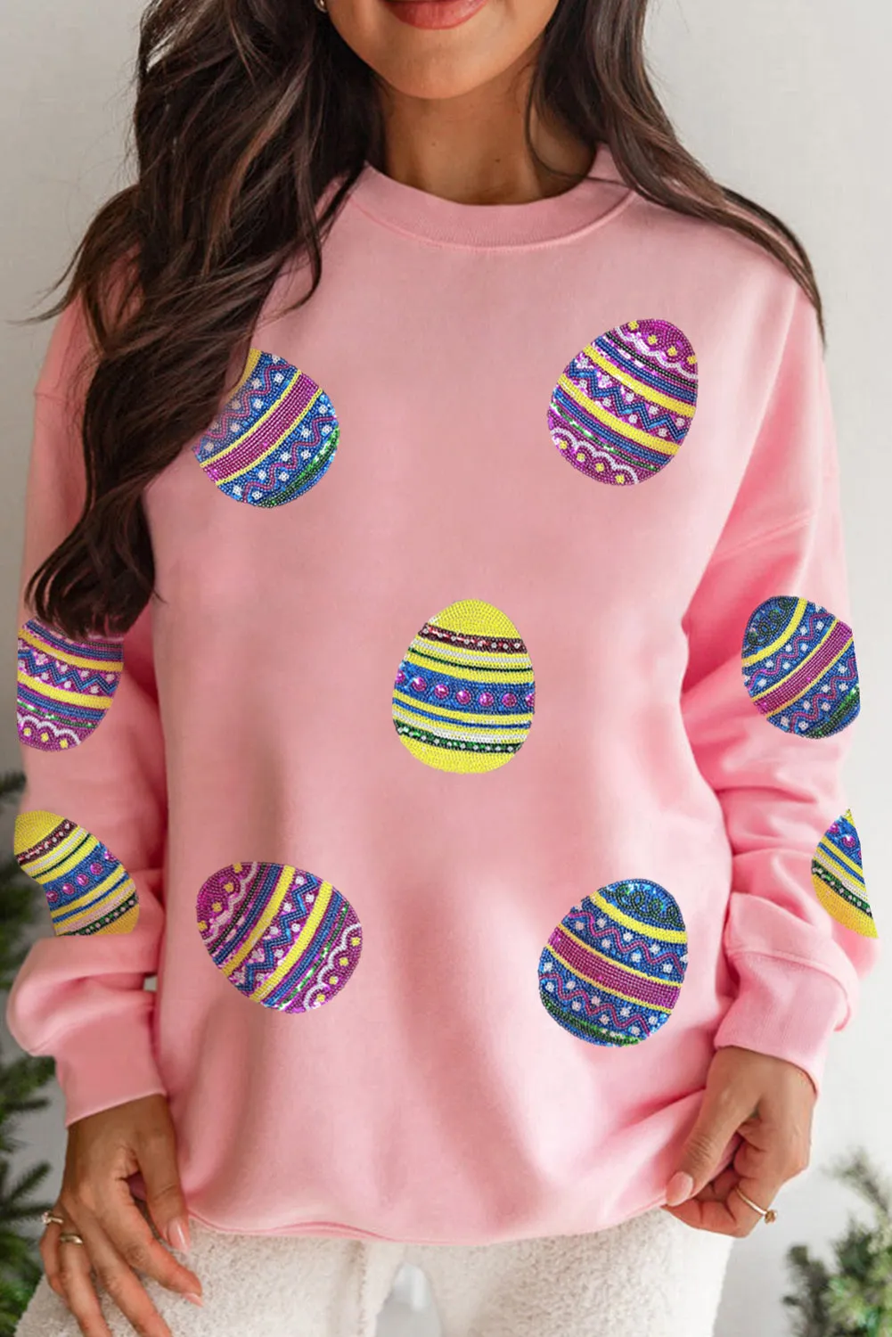 Pink Sequined Bunny Egg Easter Day Pullover Sweatshirt