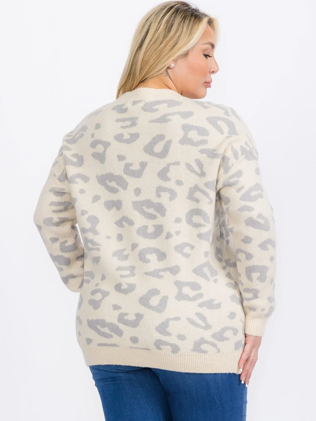 PLUS SIZE LONG SLEEVES PULLOVER COLORBLOCK ANIMAL PRINT SWEATER