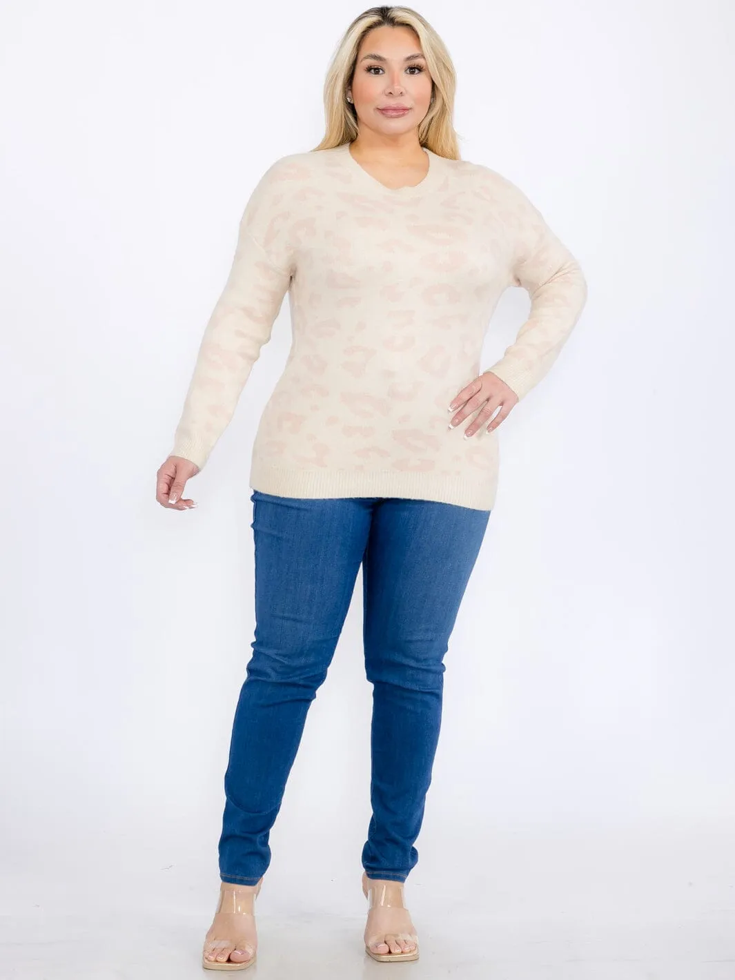 PLUS SIZE LONG SLEEVES PULLOVER COLORBLOCK ANIMAL PRINT SWEATER