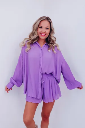 Poised Plisse Button Down Shirt And Shorts Set - Lavender