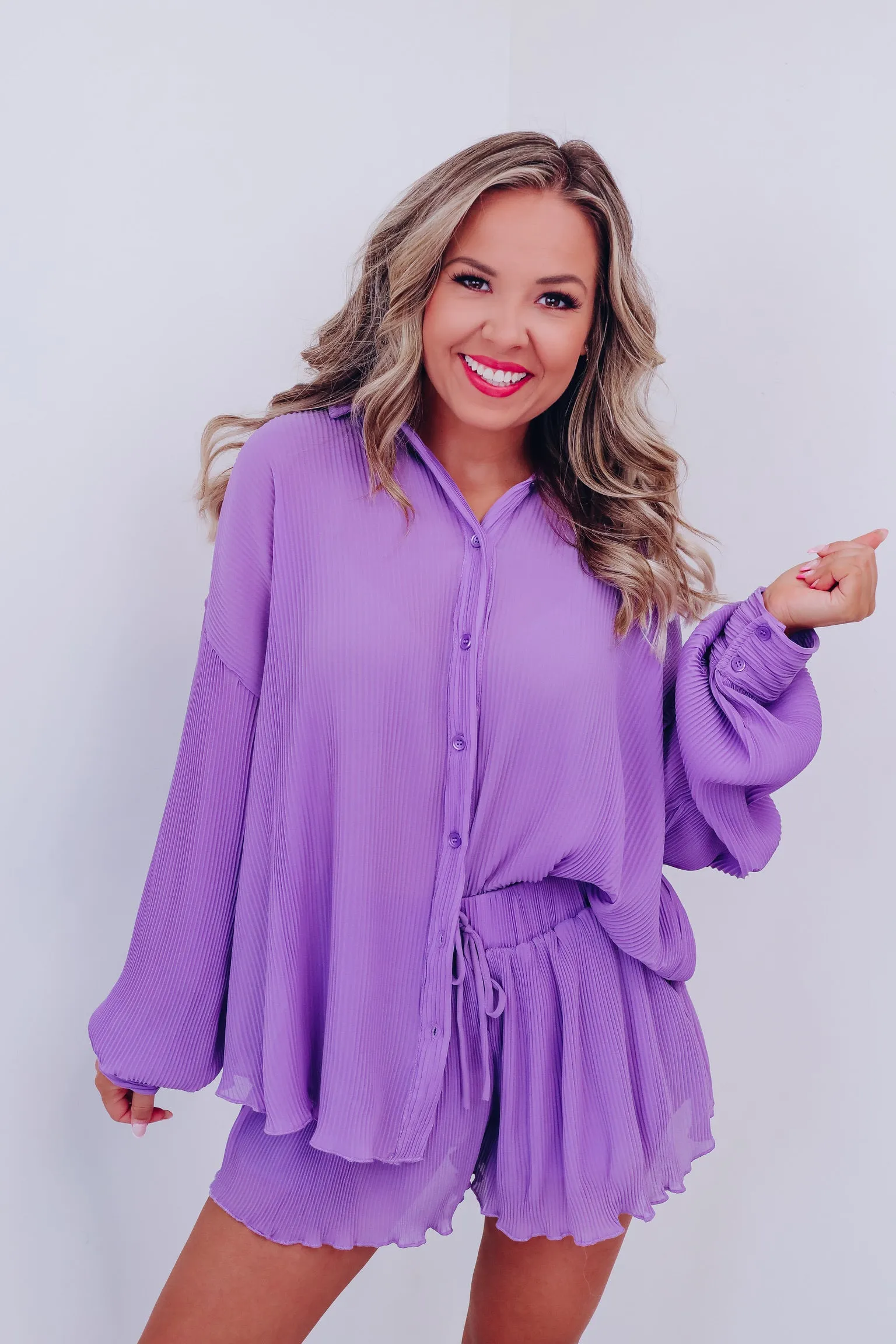 Poised Plisse Button Down Shirt And Shorts Set - Lavender