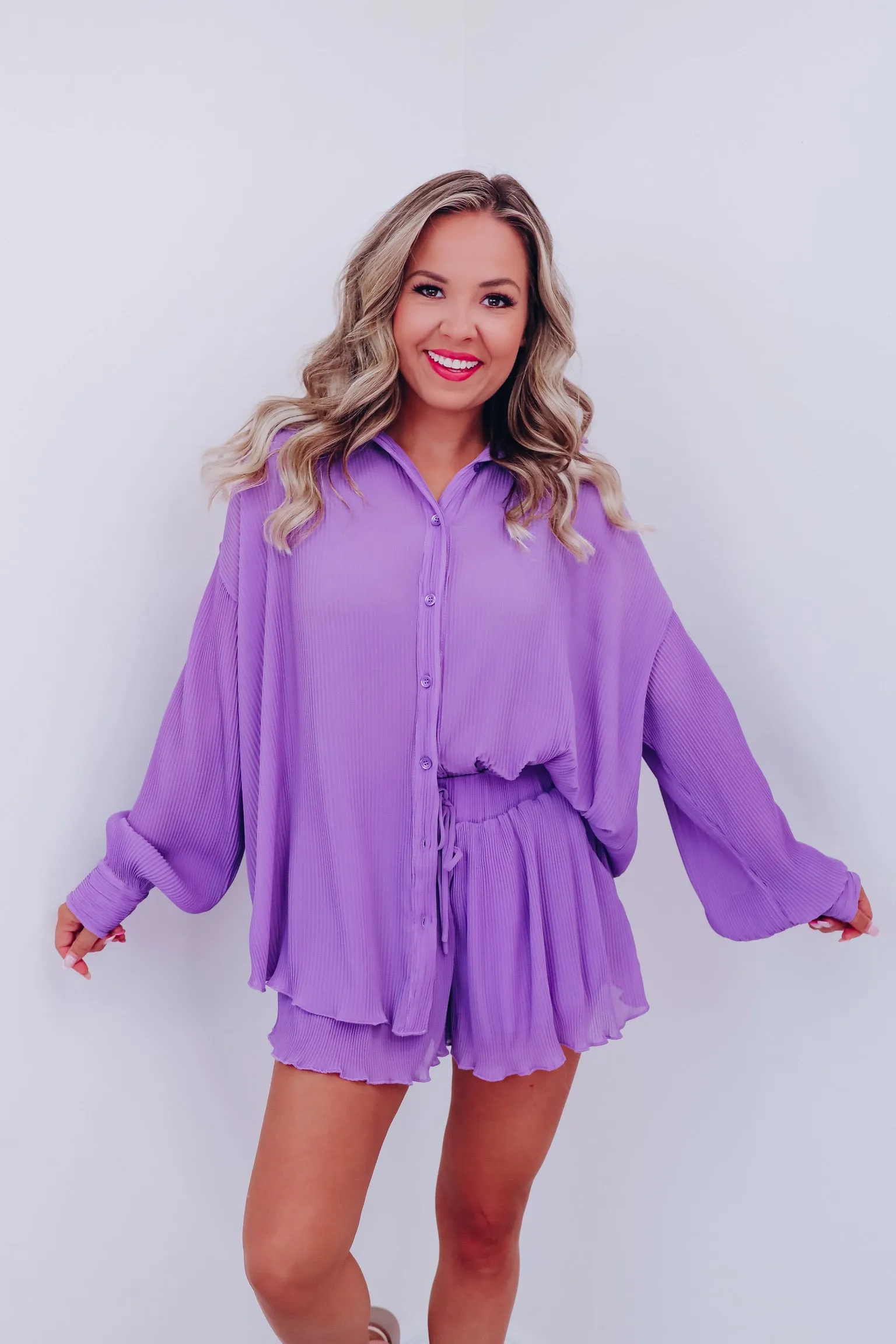 Poised Plisse Button Down Shirt And Shorts Set - Lavender