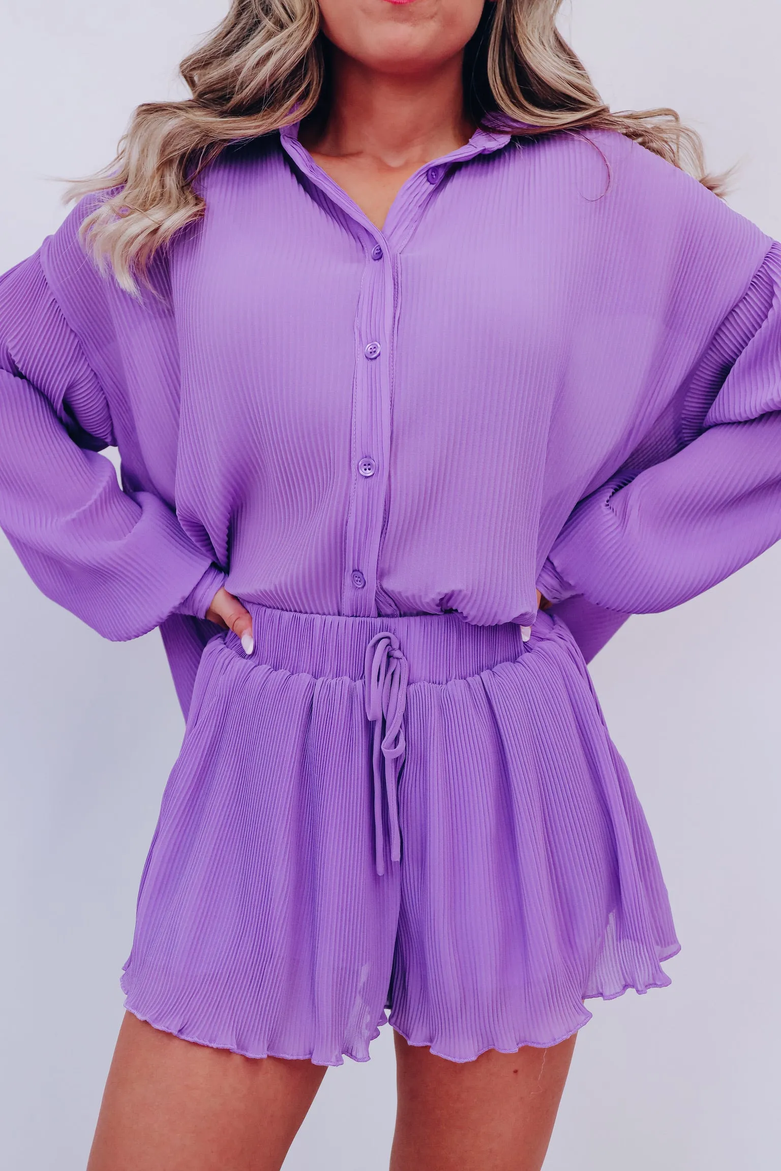 Poised Plisse Button Down Shirt And Shorts Set - Lavender