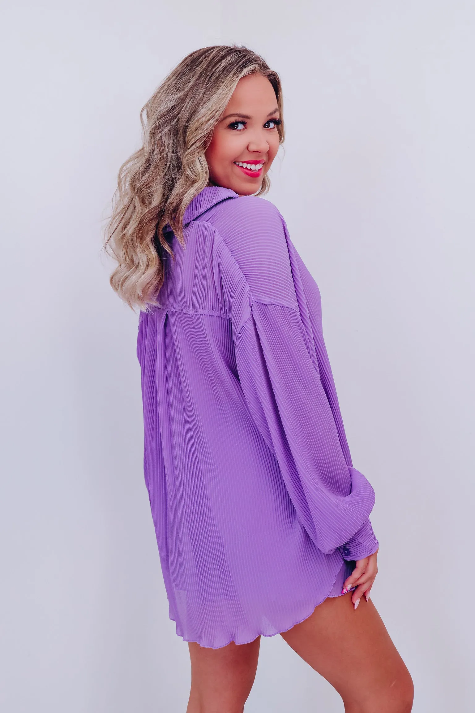 Poised Plisse Button Down Shirt And Shorts Set - Lavender