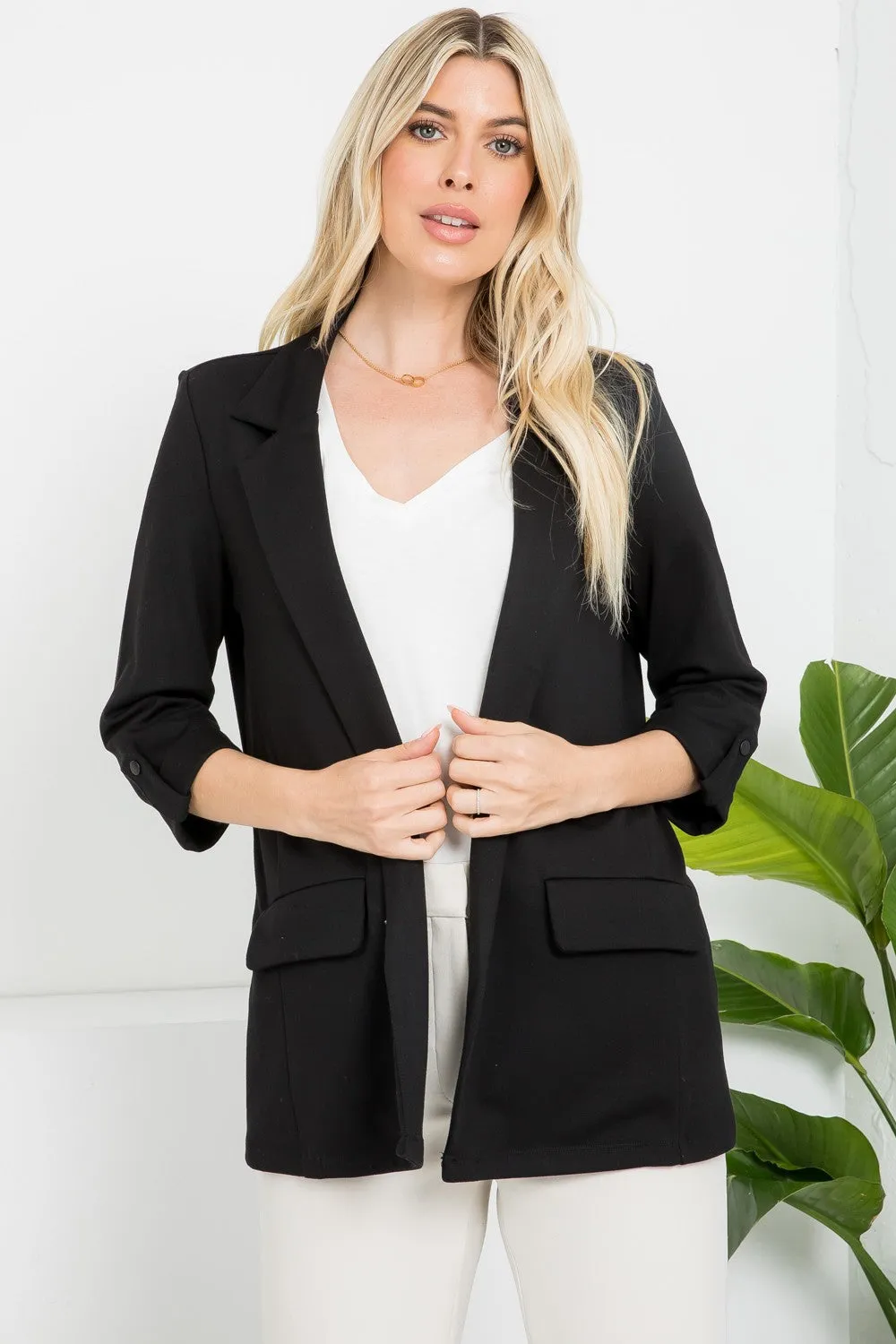 Ponte Open Front Roll Up Blazer - Black